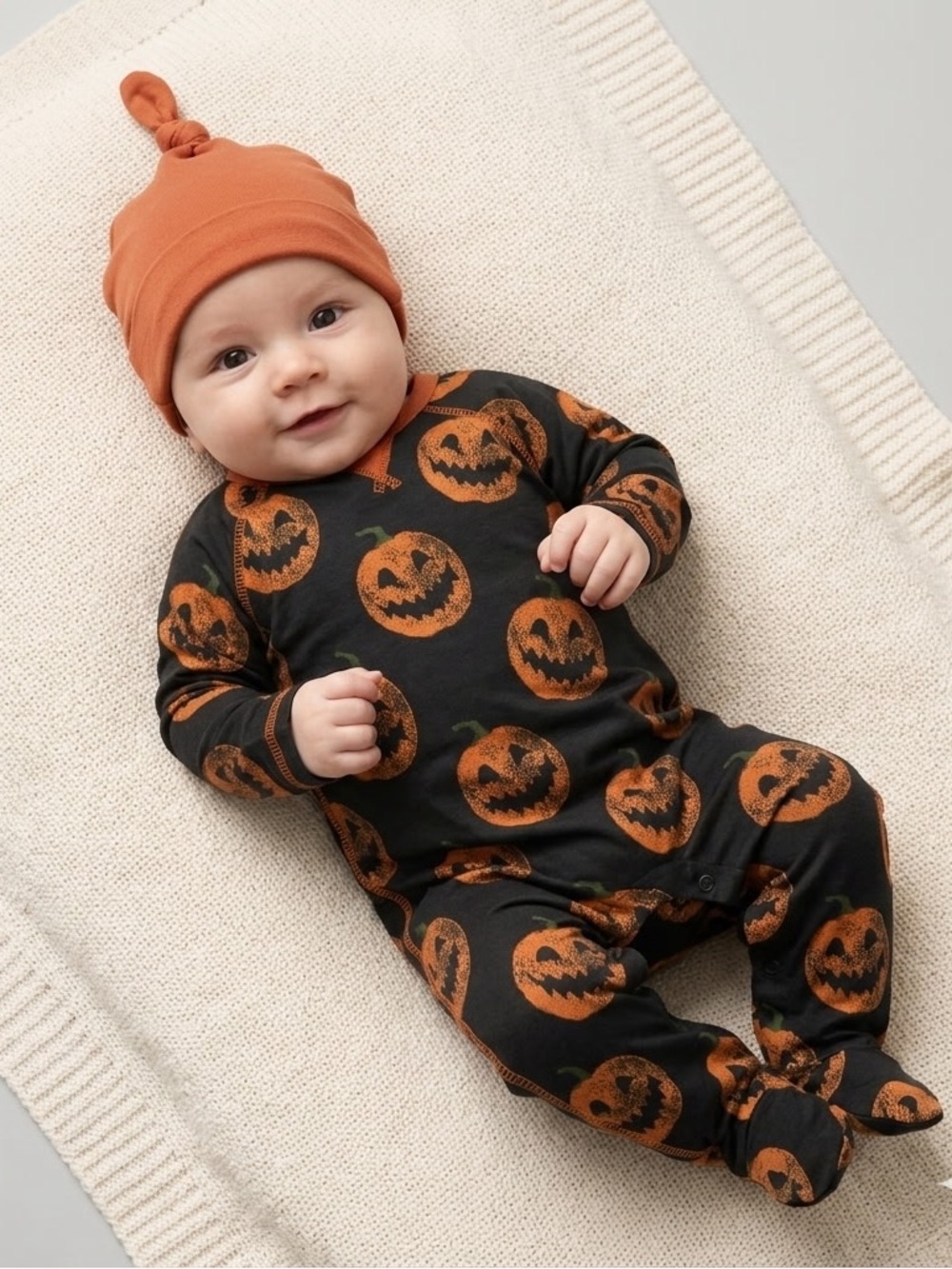 NWT Mud Pie Black and Orange Jack-O'-Lantern Footed Pajamas with Orange Knot Hat